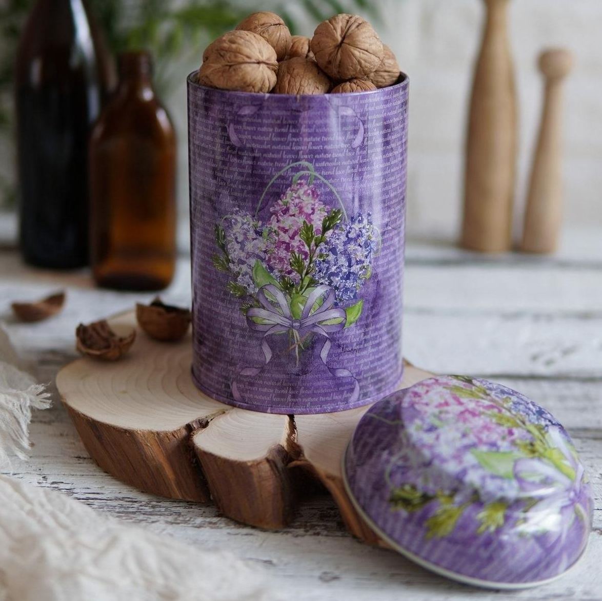 Ø105 x 150 mm  Round Metal Tin – 1.2L with Dome Lid Flower Purple