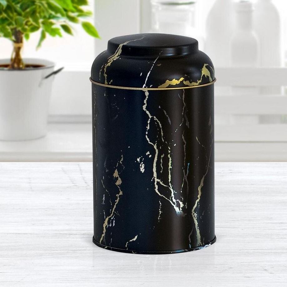 Ø105 x 150 mm  Round Metal Tin – 1.2L with Dome Lid Marble Black