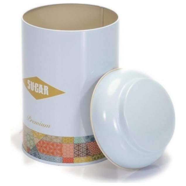 Ø105 x 150 mm  Round Metal Tin – 1.2L with Dome Lid Patchwork  Pattern Blue Background