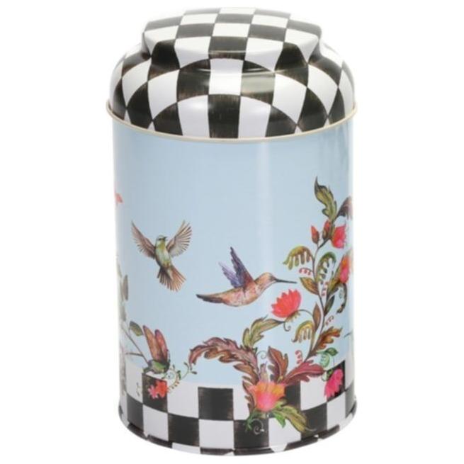 Ø105 x 150 mm  Round Metal Tin – 1.2L with Dome Lid  Checkerboard Bird Flowers
