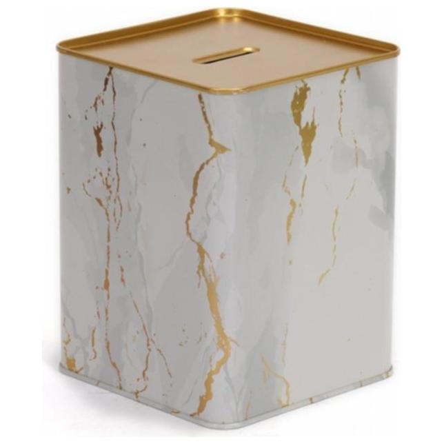 Metal Square Coin Bank 120x120x160 mm 2.1L Marble White Gold