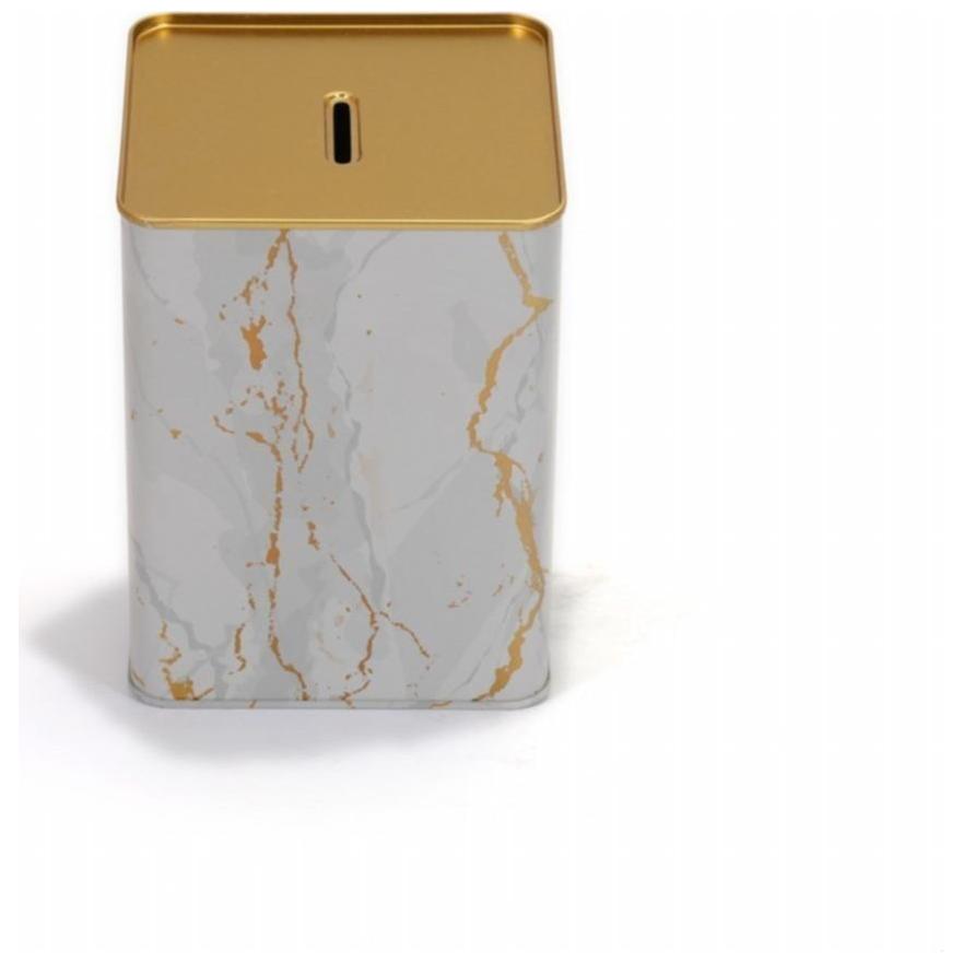 Metal Square Coin Bank 120x120x160 mm 2.1L Marble White Gold