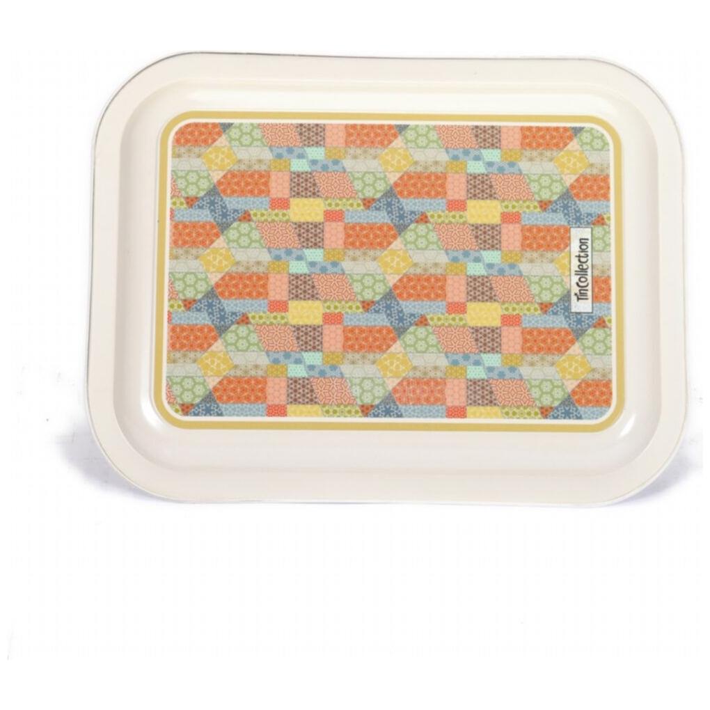 233x307 mm Metal Rectangular Tray Patchwork Pattern Cream Background