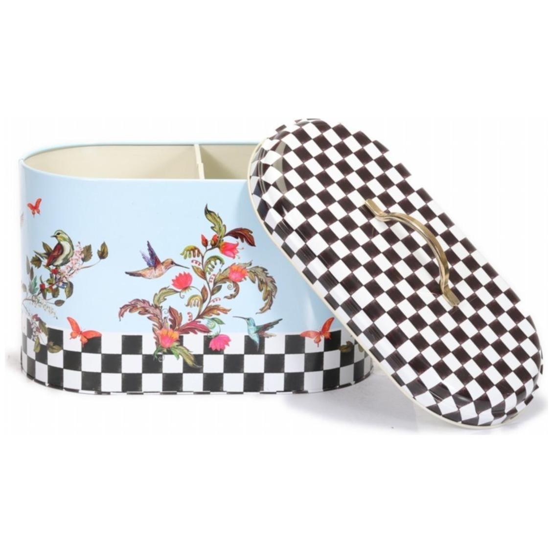 178 x 338 x 200 mm Metal Divided Detergent Bin with Metal Handle Checkerboard Bird Flowers