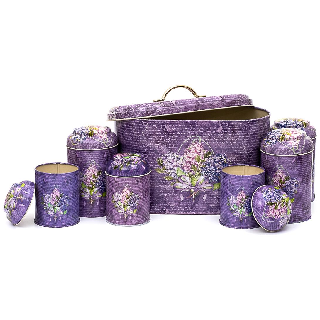 7 Pcs Round Tin Box Kitchen Set Dome Lid Flower Purple Flower Purple Design