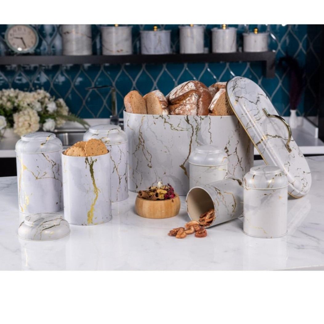7 Pcs Round Tin Box Kitchen Set Dome Lid Marble White Marble White Design