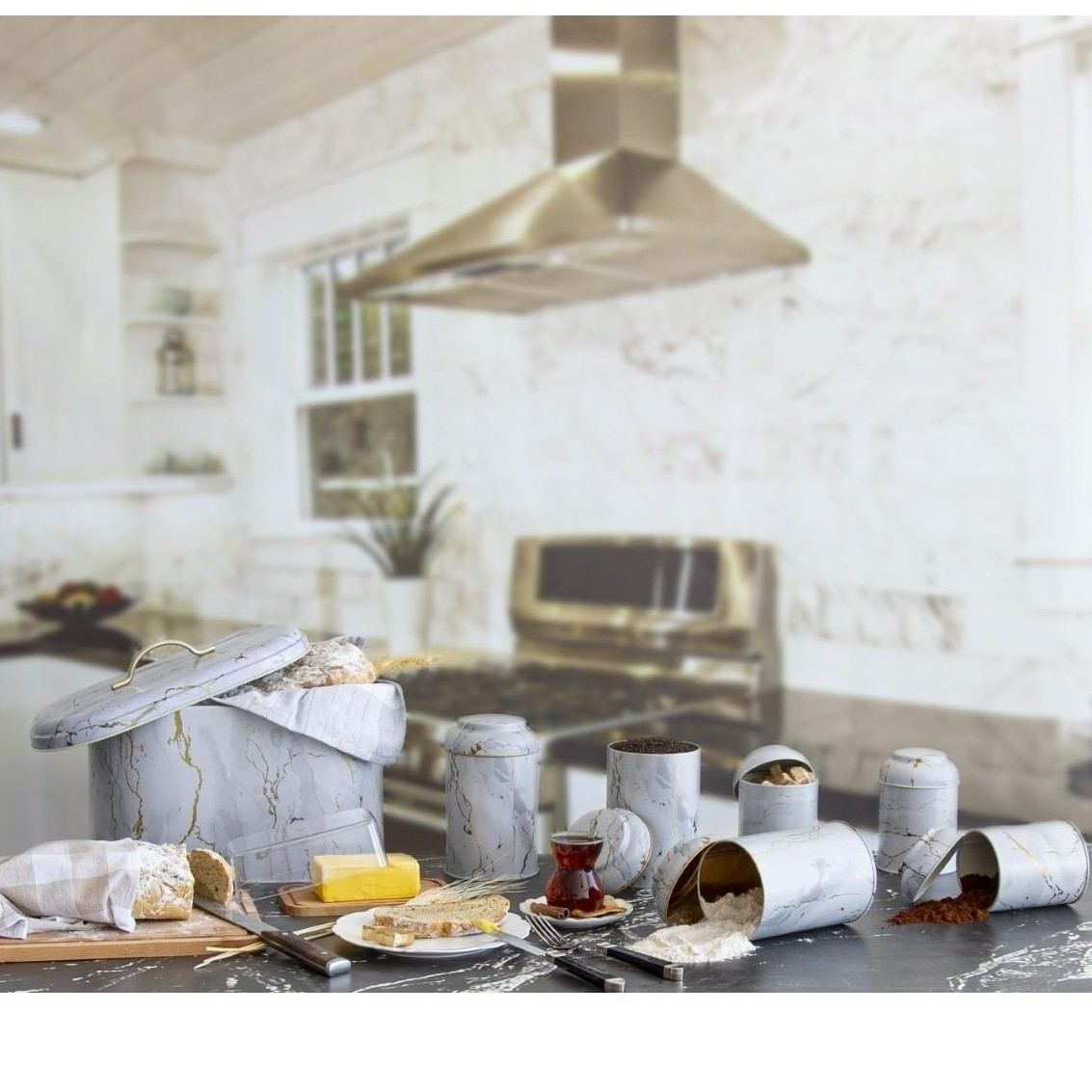7 Pcs Round Tin Box Kitchen Set Dome Lid Marble White Marble White Design