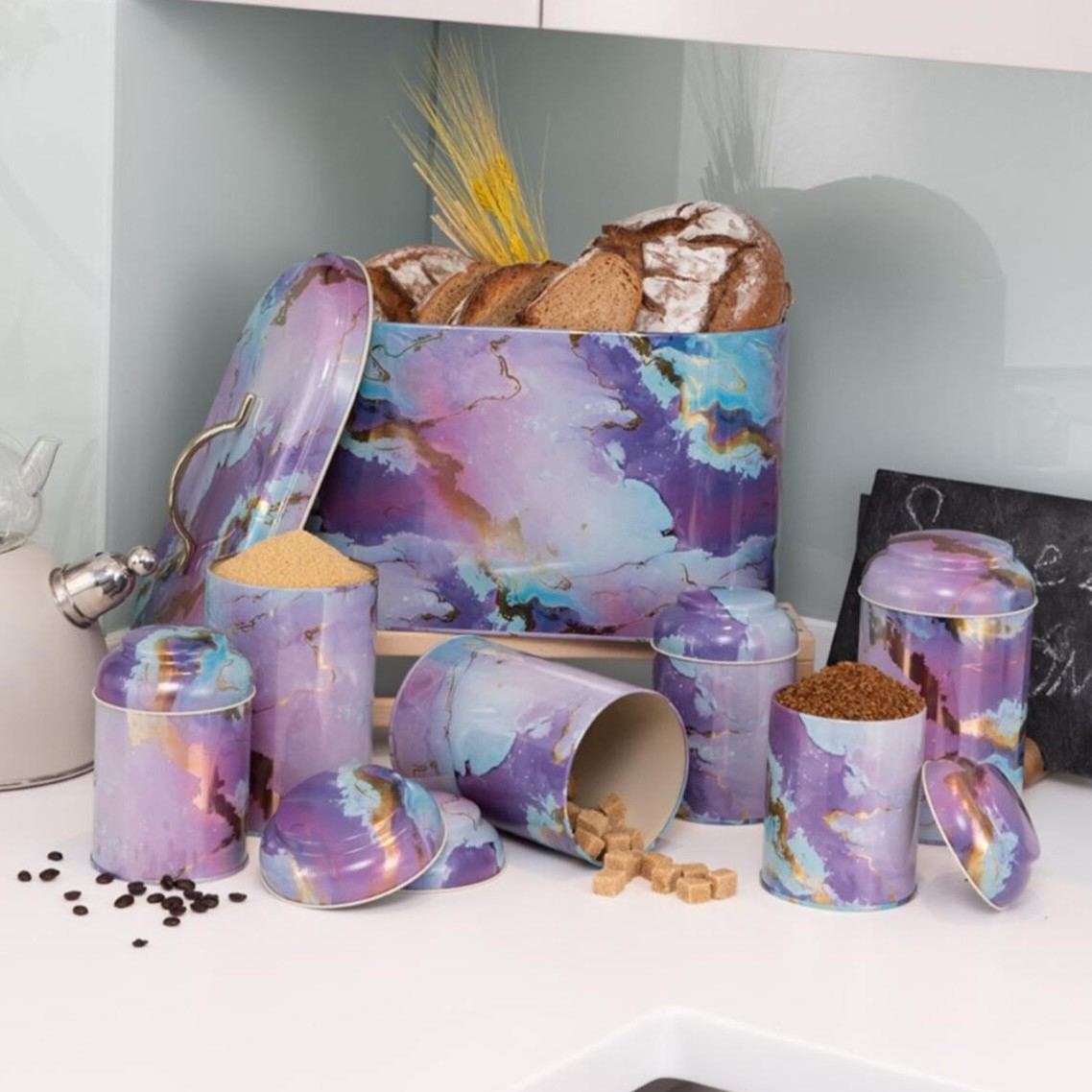 7 Pcs Round Tin Box Kitchen Set Dome Lid Pink and Gold Marble Texture Liquid Purple Design