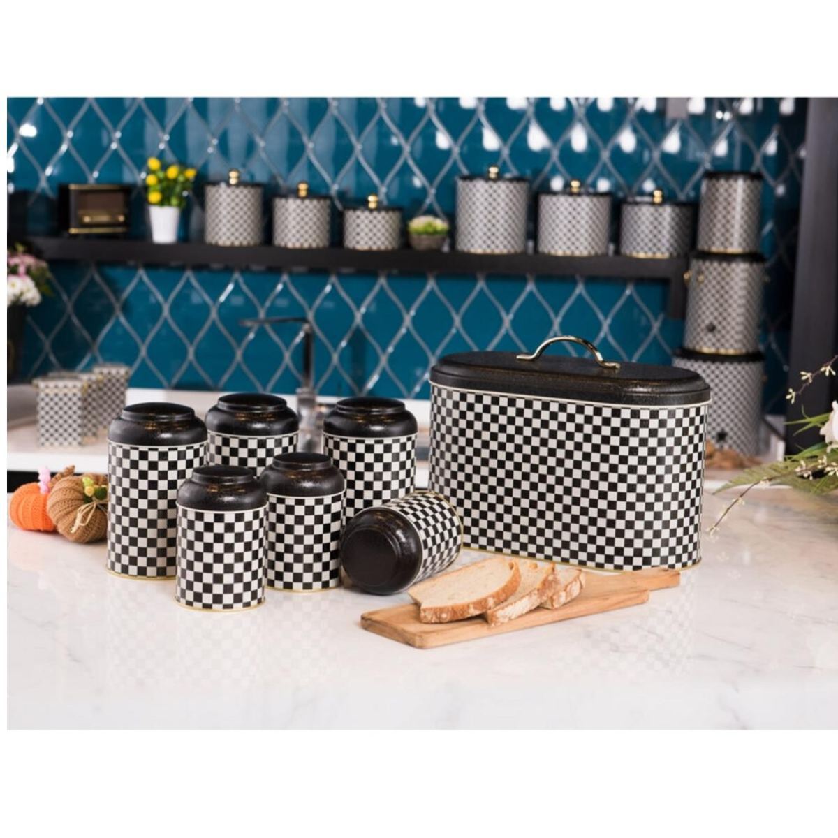 7 Pcs Round Tin Box Kitchen Set Dome Lid Checkerboard Line Design
