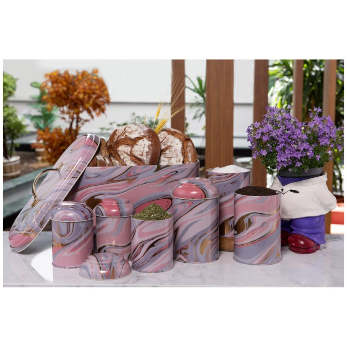 7 Pcs Round Tin Box Kitchen Set Dome Lid Pink and Gold Marble Texture Liquid Pink Design