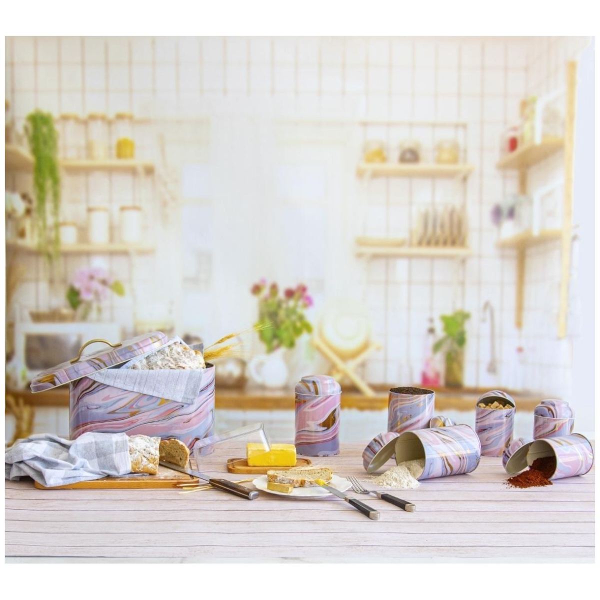 7 Pcs Round Tin Box Kitchen Set Dome Lid Pink and Gold Marble Texture Liquid Pink Design