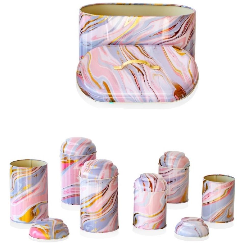 7 Pcs Round Tin Box Kitchen Set Dome Lid Pink and Gold Marble Texture Liquid Pink Design