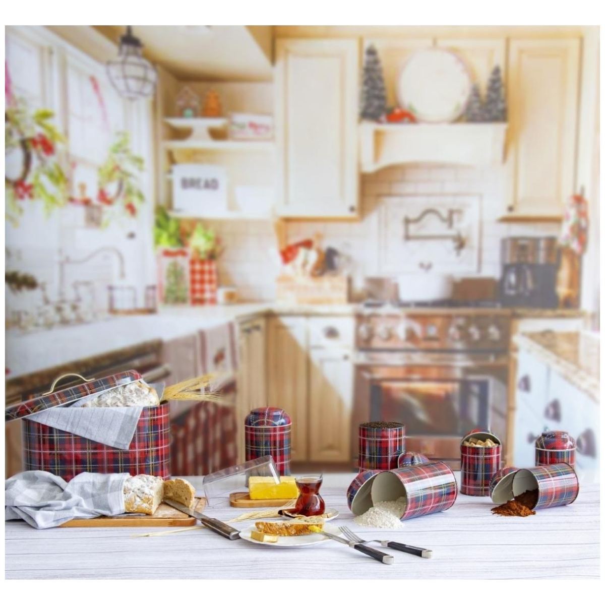 7 Pcs Round Tin Box Kitchen Set Dome Lid Plaid Plaid Design