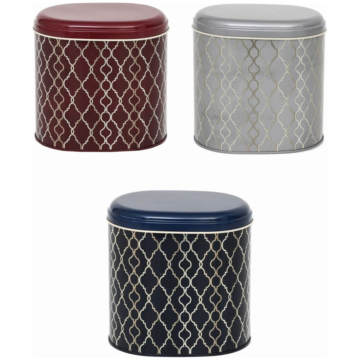 3 Pcs Round Tin Box Kitchen Set Dome Lid gold geometric pattern black background Trellis Old Design