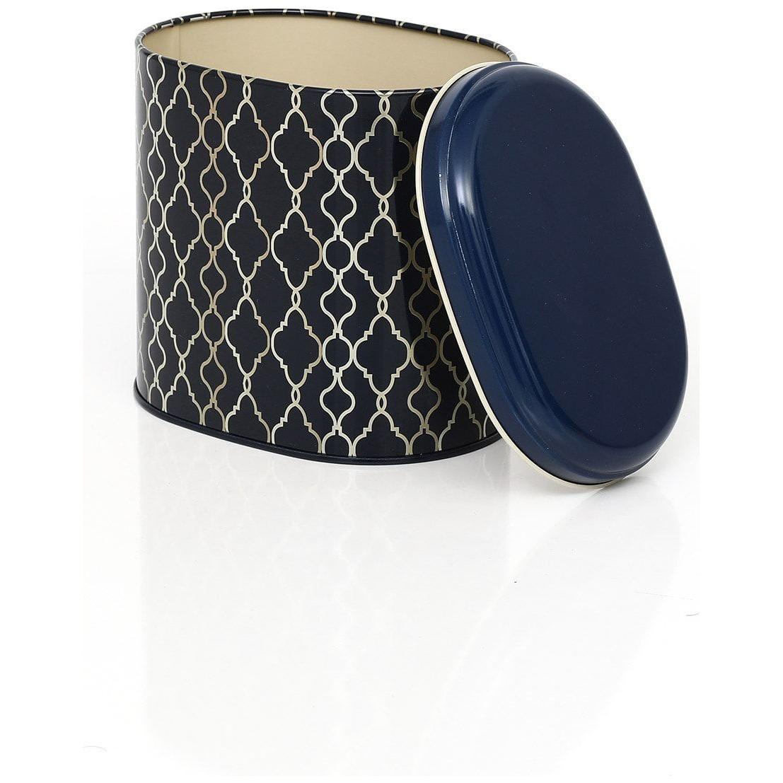3 Pcs Round Tin Box Kitchen Set Dome Lid gold geometric pattern black background Trellis Old Design