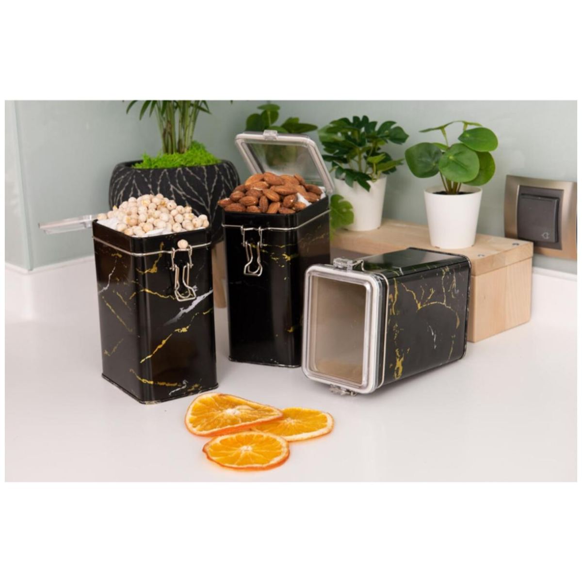 Rectangular Metal Box set 75x100x150 mm (3 Pcs ) Wire Clasp and Transparent Lid Marble Black Marble Black Design