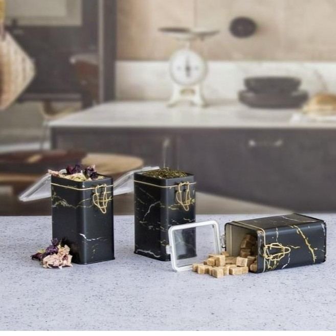 Rectangular Metal Box set 75x100x150 mm (3 Pcs ) Wire Clasp and Transparent Lid Marble Black Marble Black Design