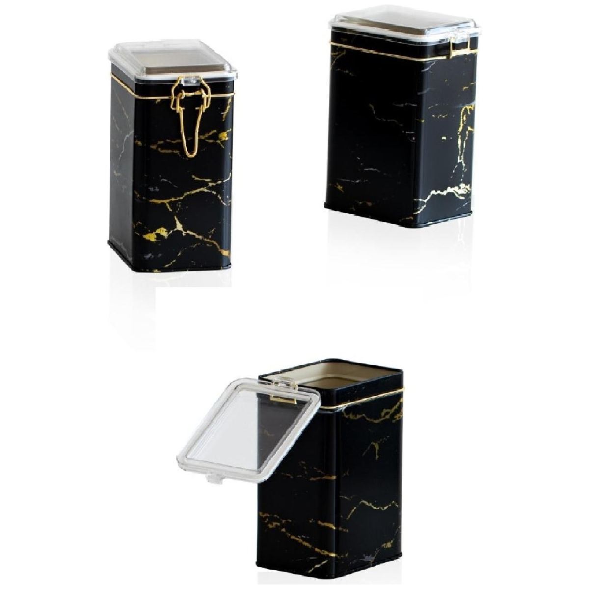 Rectangular Metal Box set 75x100x150 mm (3 Pcs ) Wire Clasp and Transparent Lid Marble Black Marble Black Design