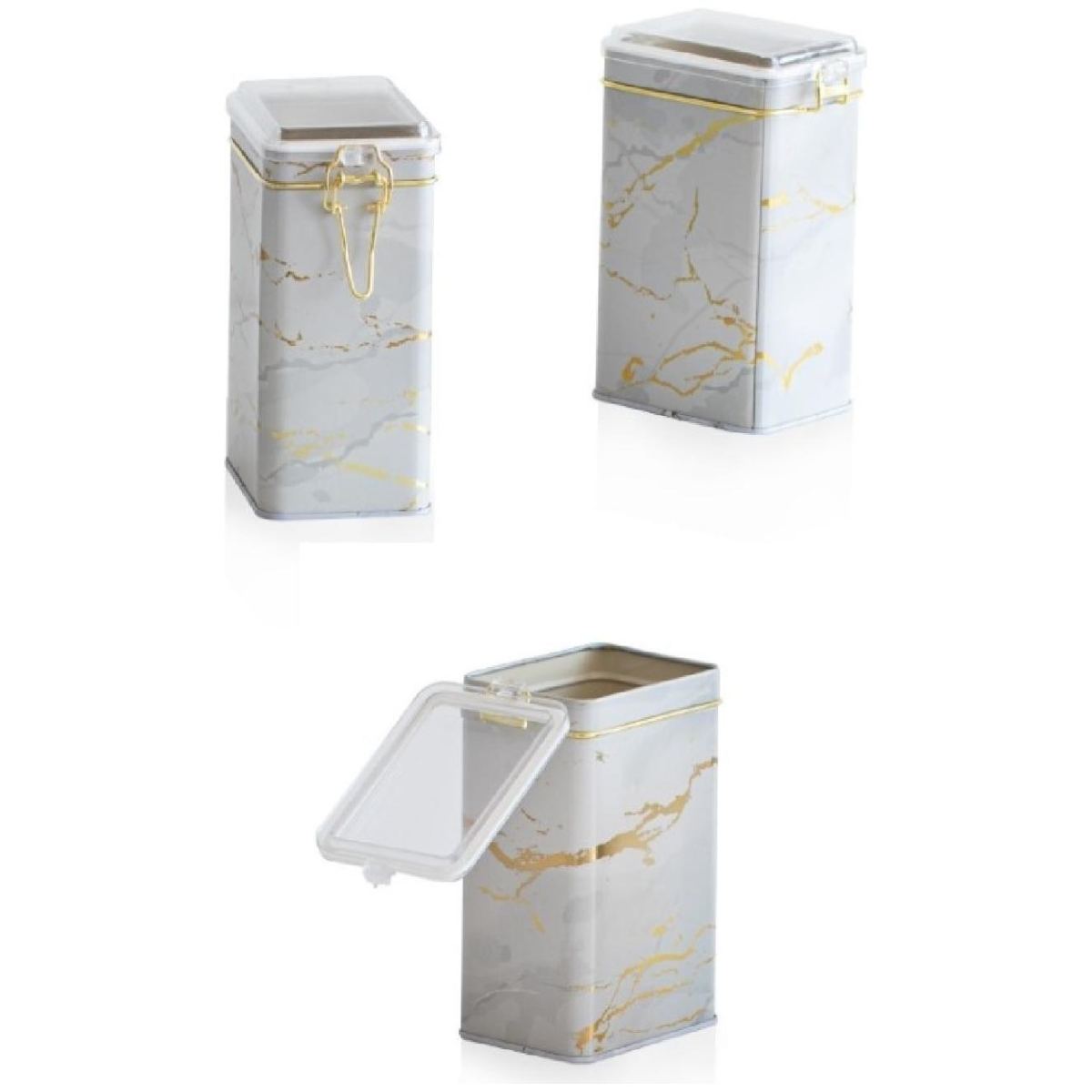 Rectangular Metal Box set 75x100x150 mm (3 Pcs ) Wire Clasp and Transparent Lid Marble White Marble White Design