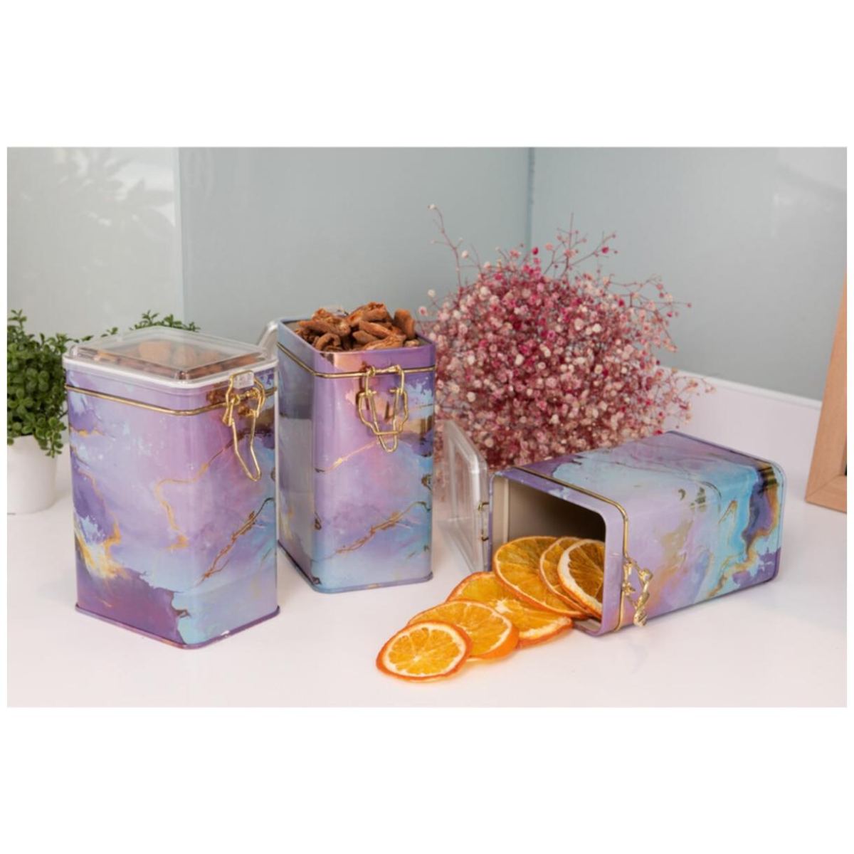 Rectangular Metal Box set 75x100x150 mm (3 Pcs ) Wire Clasp and Transparent Lid Pink and Gold Marble Texture Liquid Purple Design