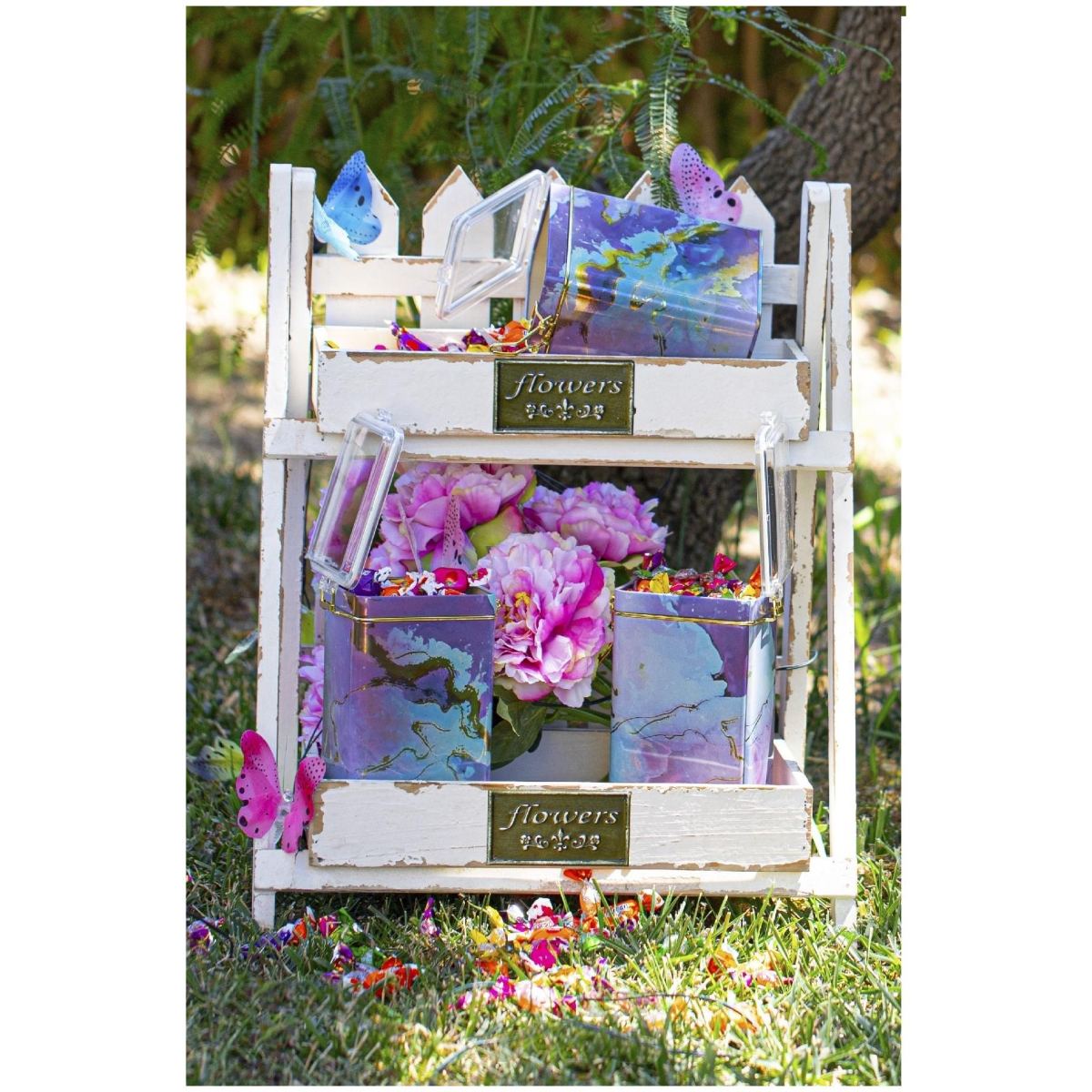 Rectangular Metal Box set 75x100x150 mm (3 Pcs ) Wire Clasp and Transparent Lid Pink and Gold Marble Texture Liquid Purple Design