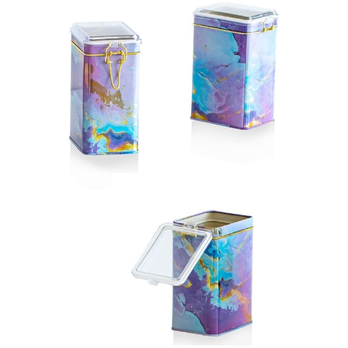 Rectangular Metal Box set 75x100x150 mm (3 Pcs ) Wire Clasp and Transparent Lid Pink and Gold Marble Texture Liquid Purple Design