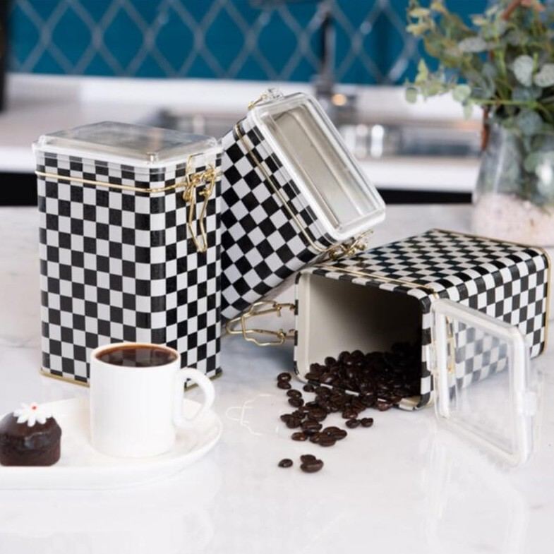 Rectangular Metal Box set 75x100x150 mm (3 Pcs ) Wire Clasp and Transparent Lid Checkerboard Checkers Design