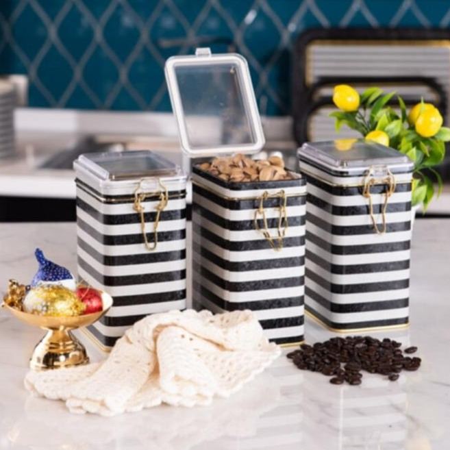 Rectangular Metal Box set 75x100x150 mm (3 Pcs ) Wire Clasp and Transparent Lid Black and White Line Pattern Line Design