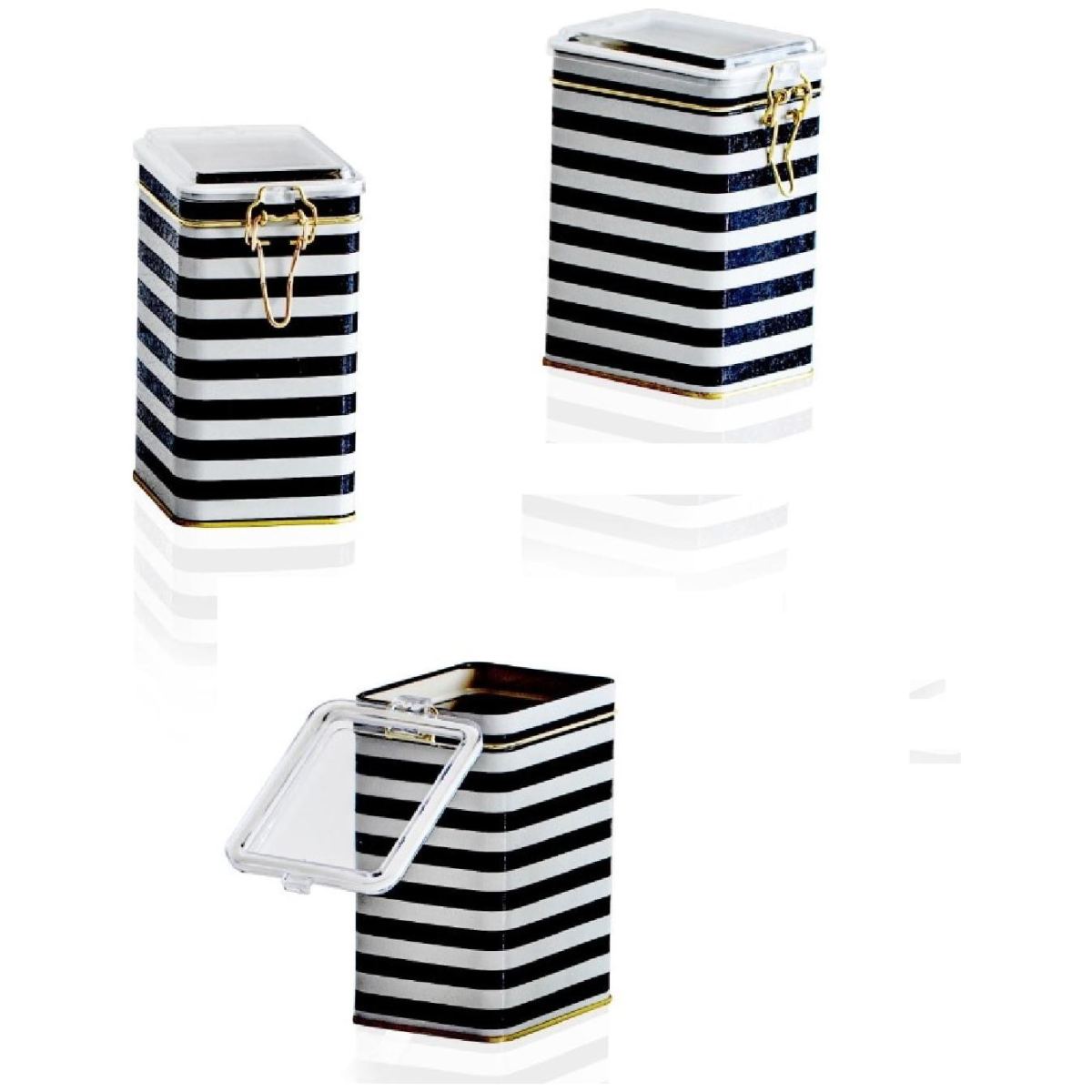 Rectangular Metal Box set 75x100x150 mm (3 Pcs ) Wire Clasp and Transparent Lid Black and White Line Pattern Line Design
