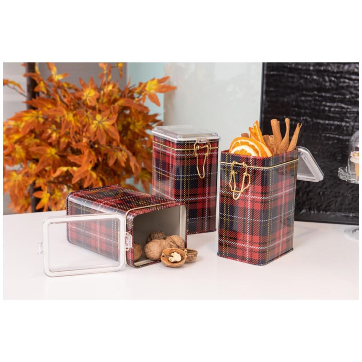 Rectangular Metal Box  set 75x100x150 mm (3 Pcs ) Wire Clasp and Transparent Lid Plaid Plaid Design