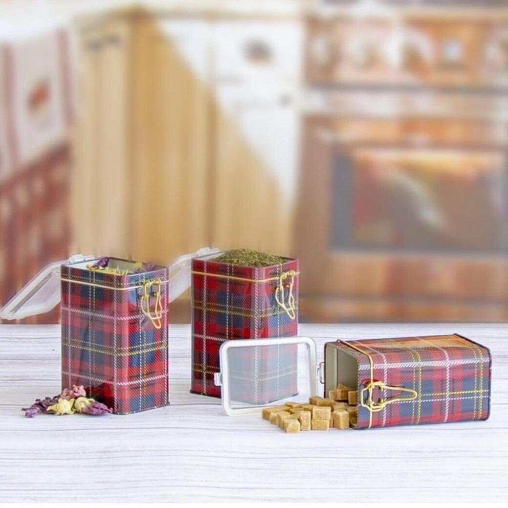 Rectangular Metal Box  set 75x100x150 mm (3 Pcs ) Wire Clasp and Transparent Lid Plaid Plaid Design