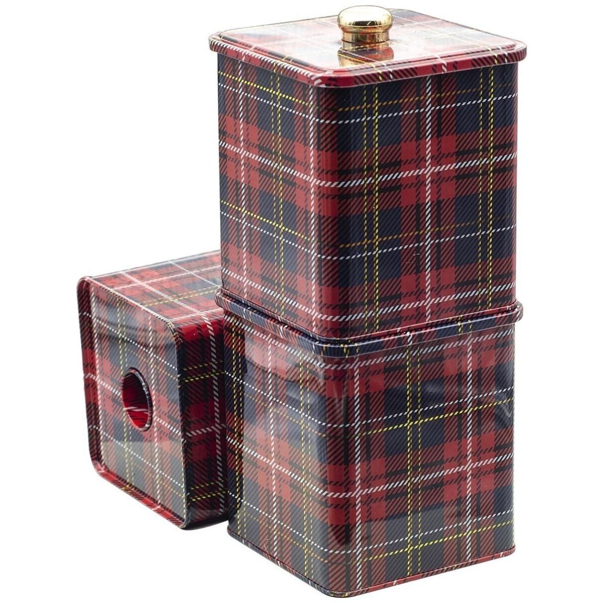 Square Metal Tin Box set 120x120 mm (Set of 3 ) Knob Handle Plaid Plaid Design