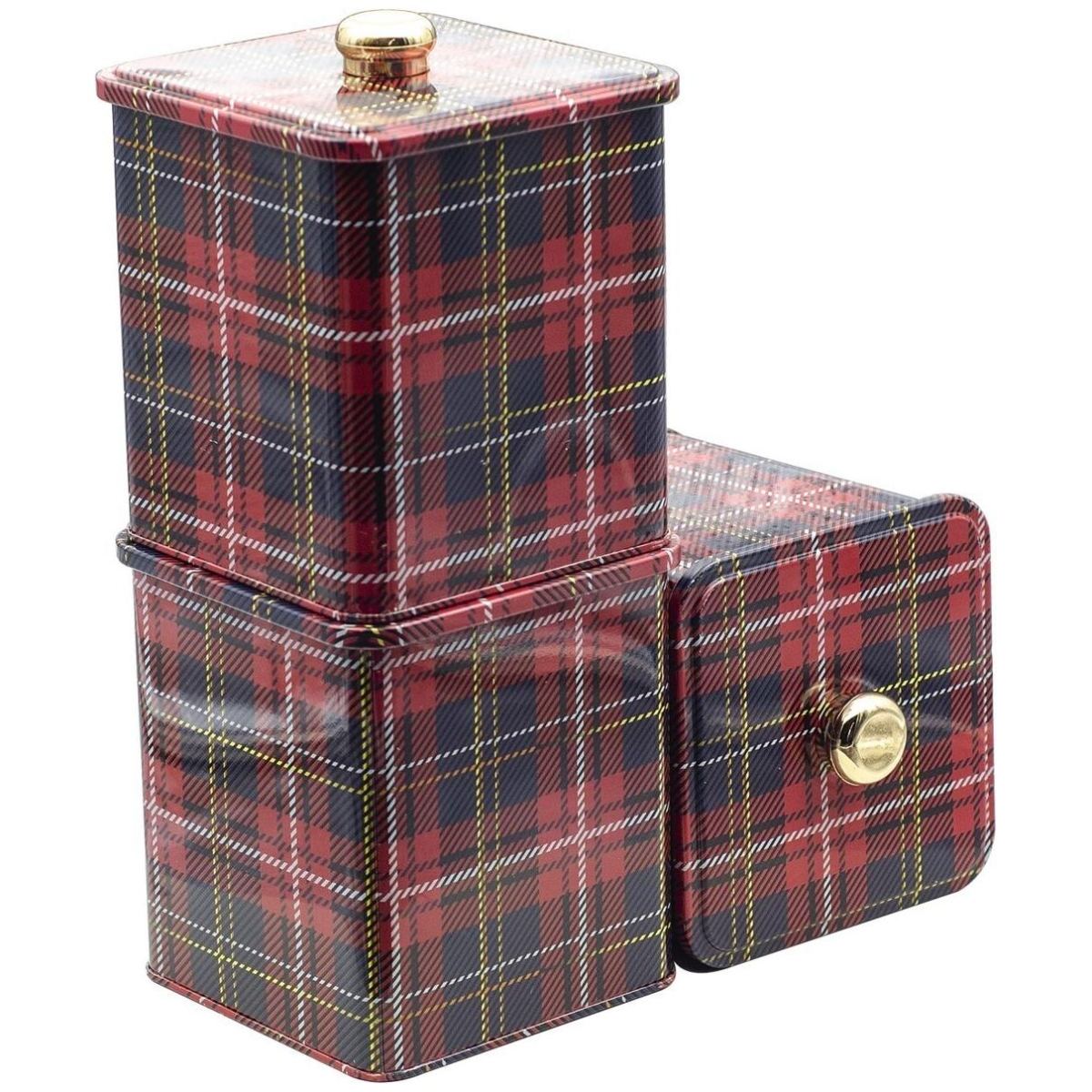 Square Metal Tin Box set 120x120 mm (Set of 3 ) Knob Handle Plaid Plaid Design