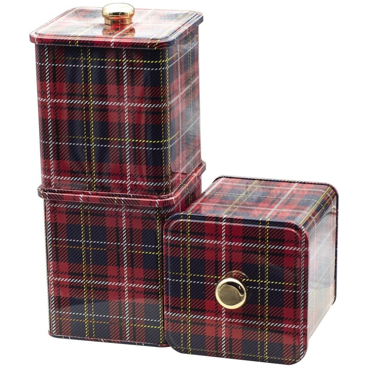 Square Metal Tin Box set 120x120 mm (Set of 3 ) Knob Handle Plaid Plaid Design