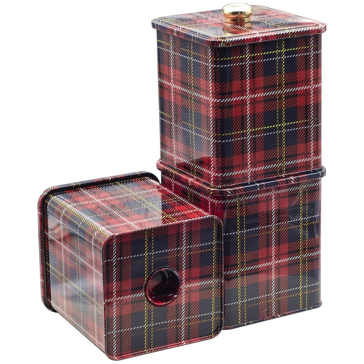 Square Metal Tin Box set 120x120 mm (Set of 3 ) Knob Handle Plaid Plaid Design