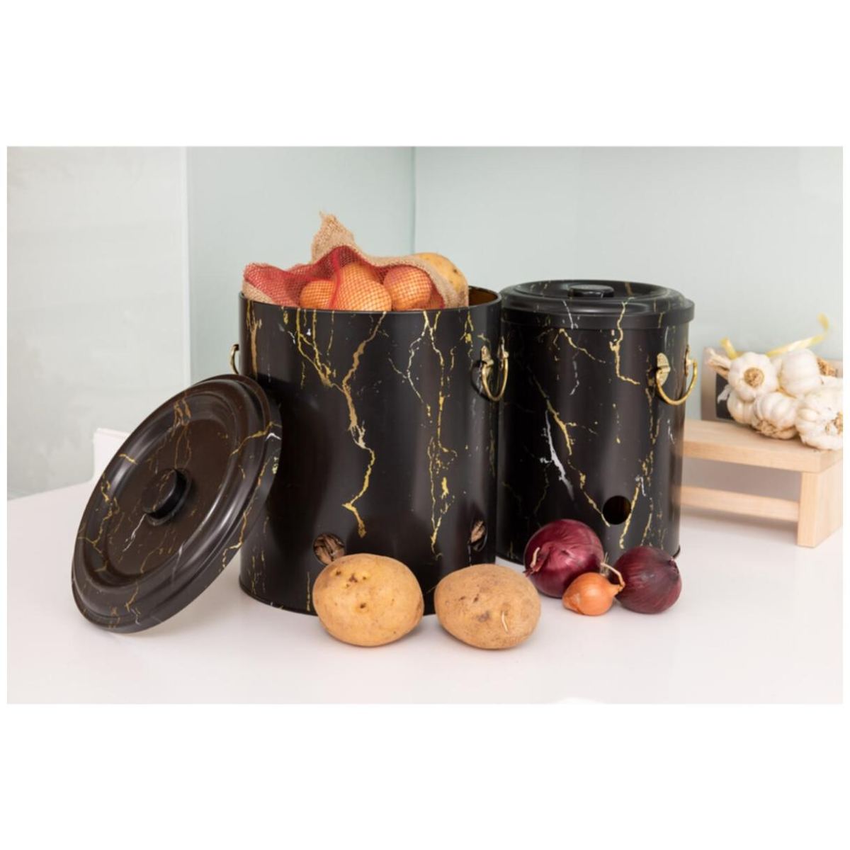 Metal Potato & Onion Storage Bin Set Ø225x240 mm (2 Pcs ) Marble Black Marble Black Design