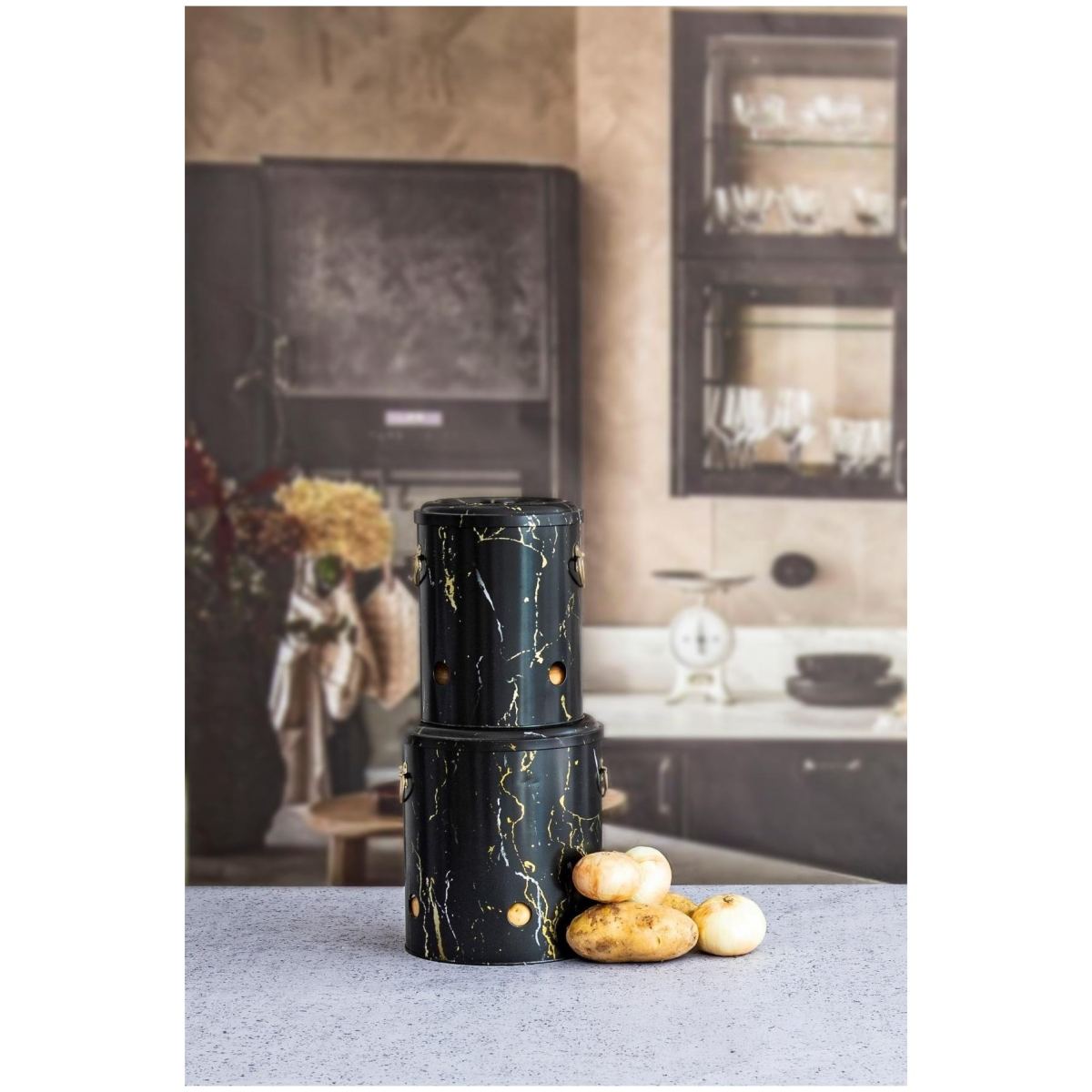 Metal Potato & Onion Storage Bin Set Ø225x240 mm (2 Pcs ) Marble Black Marble Black Design