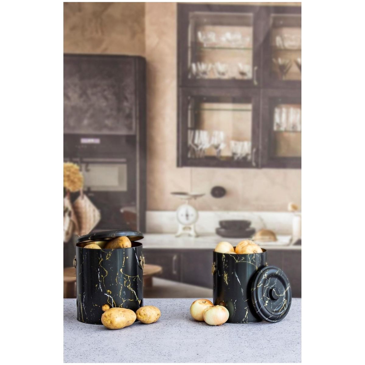 Metal Potato & Onion Storage Bin Set Ø225x240 mm (2 Pcs ) Marble Black Marble Black Design