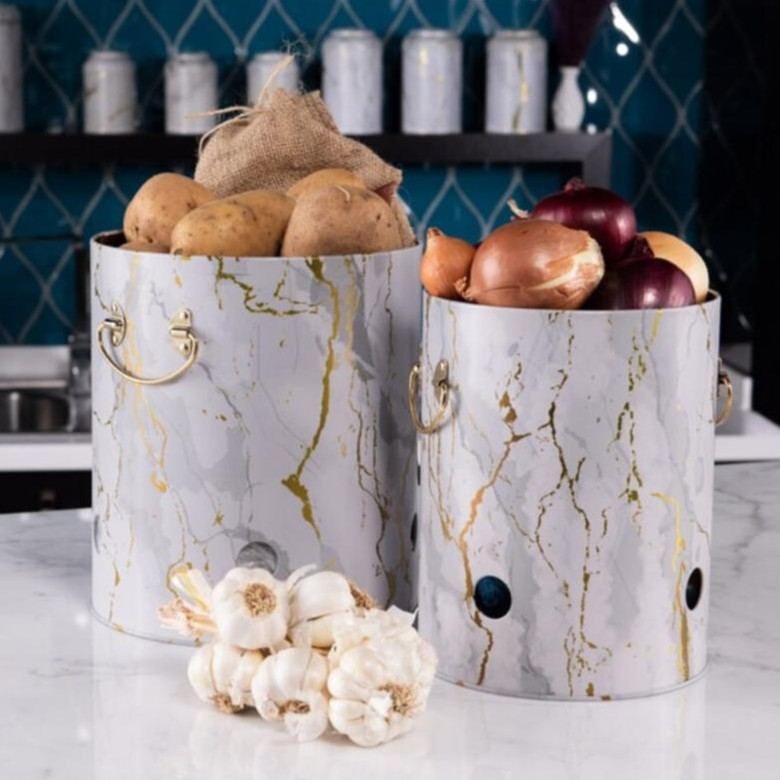 Metal Potato &amp; Onion Storage Bin Set Ø225x240 mm (2 Pcs ) Marble White Marble White Design