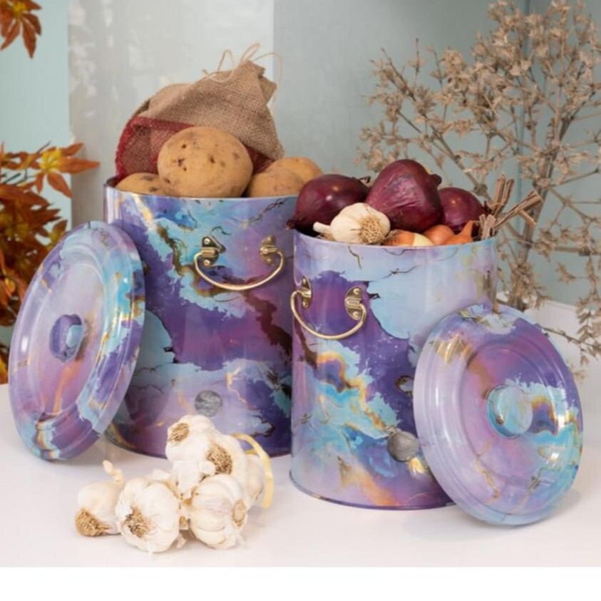 Metal Potato & Onion Storage Bin Set Ø225x240 mm (2 Pcs ) Pink and Gold Marble Texture Liquid Purple Design
