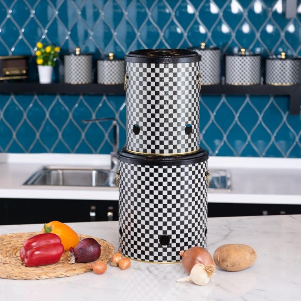 Metal Potato & Onion Storage Bin Set Ø225x240 mm (2 Pcs ) Checkerboard Checkers Design