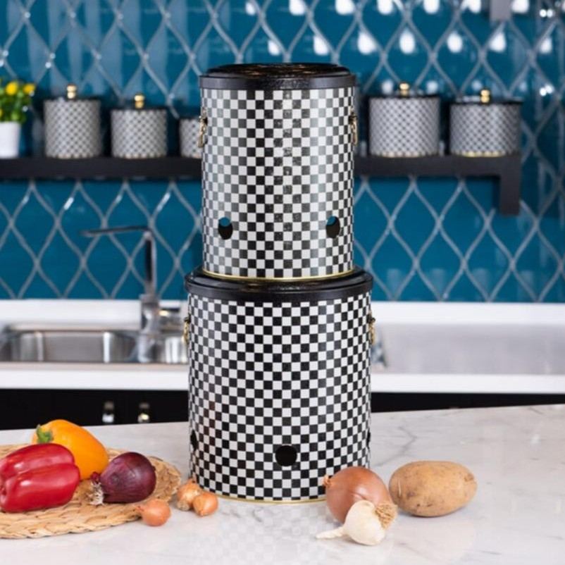 Metal Potato & Onion Storage Bin Set Ø225x240 mm (2 Pcs ) Checkerboard Checkers Design