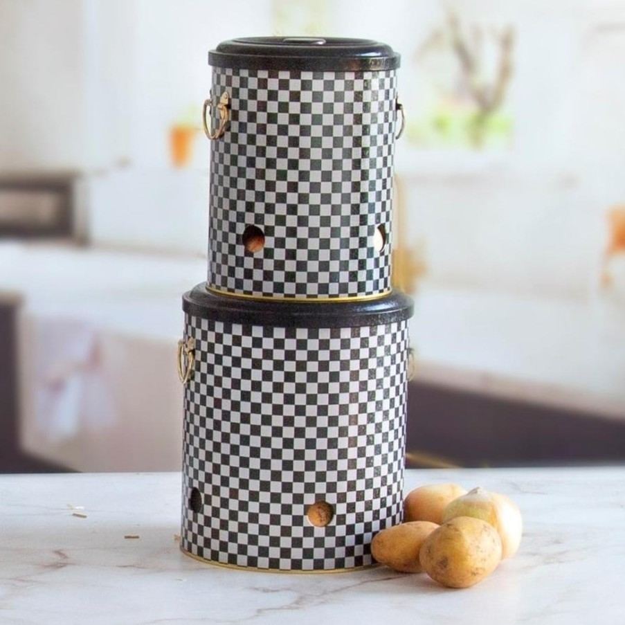 Metal Potato & Onion Storage Bin Set Ø225x240 mm (2 Pcs ) Checkerboard Checkers Design