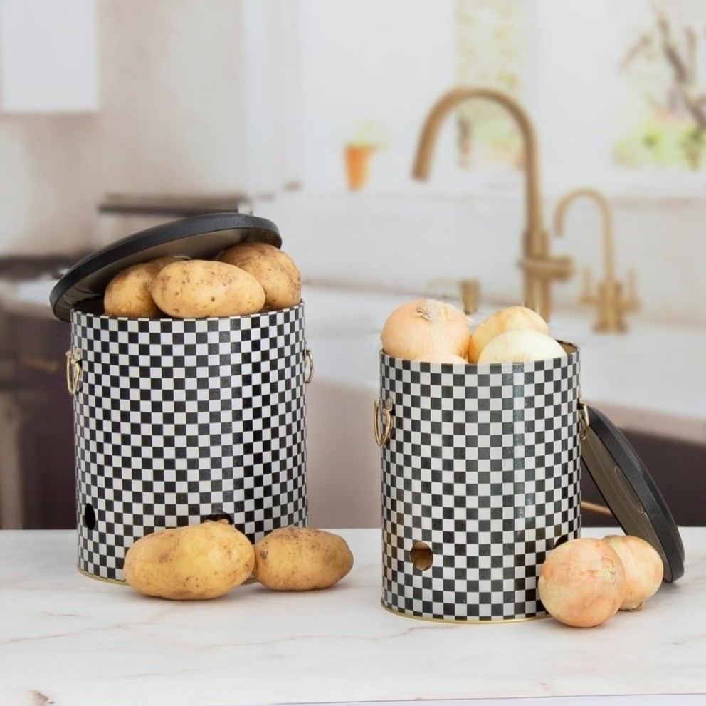 Metal Potato & Onion Storage Bin Set Ø225x240 mm (2 Pcs ) Checkerboard Checkers Design