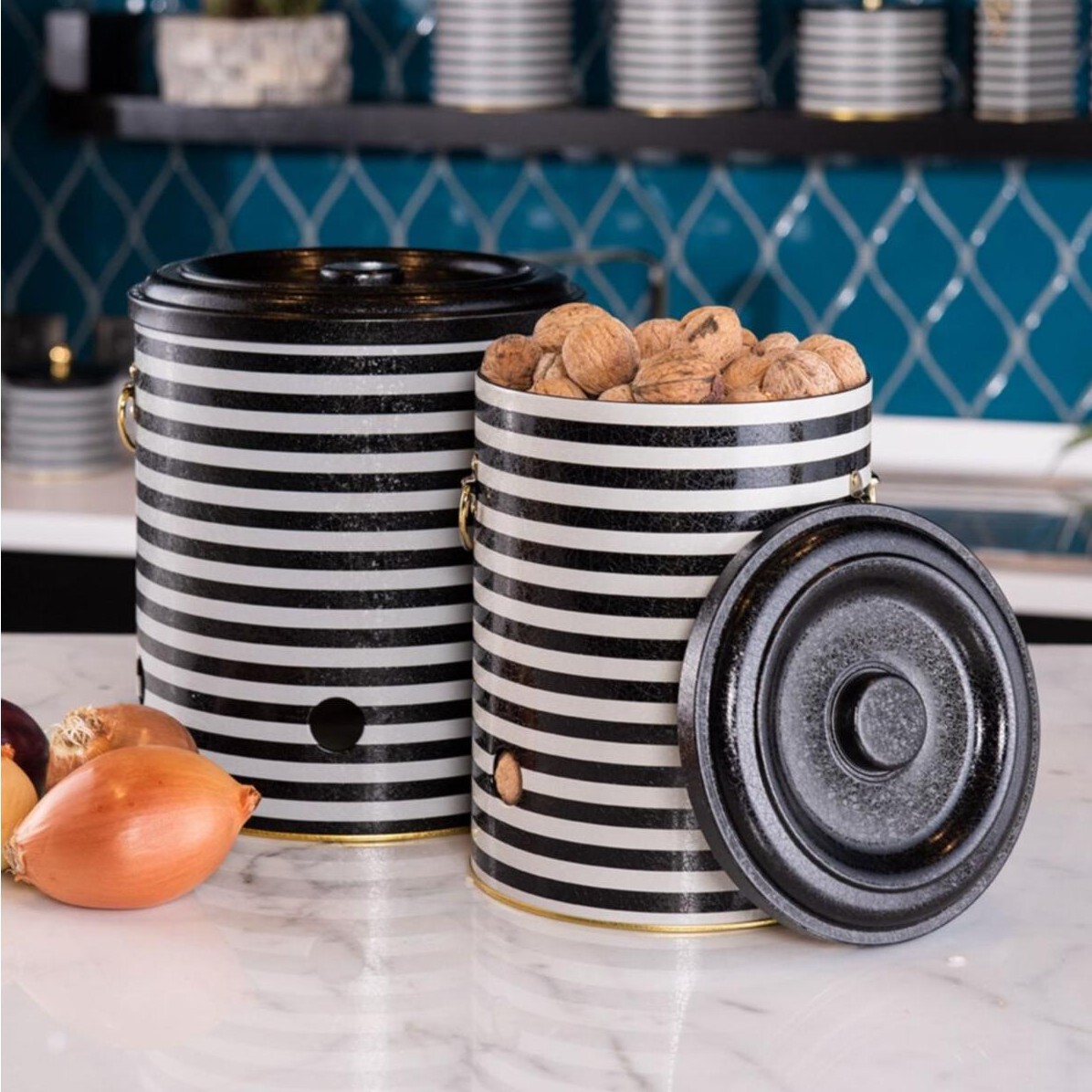 Metal Potato & Onion Storage Bin Set Ø225x240 mm (2 Pcs ) Black and White Line Pattern Line Design