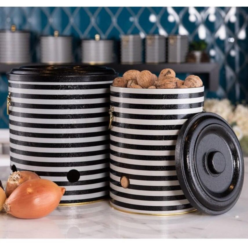 Metal Potato &amp; Onion Storage Bin Set Ø225x240 mm (2 Pcs ) Black and White Line Pattern Line Design
