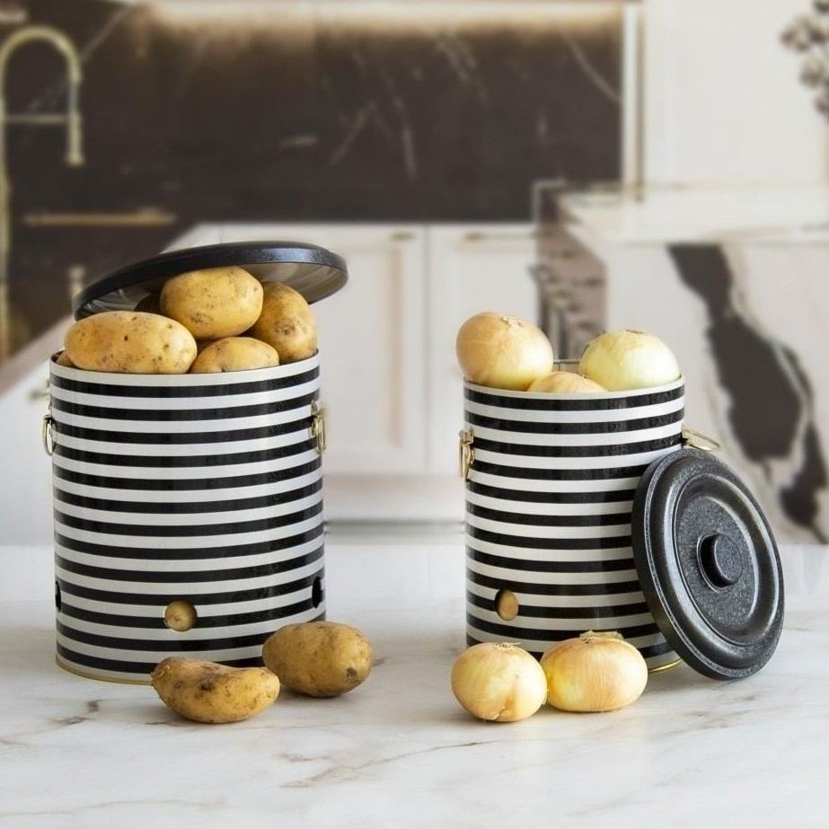 Metal Potato &amp; Onion Storage Bin Set Ø225x240 mm (2 Pcs ) Black and White Line Pattern Line Design