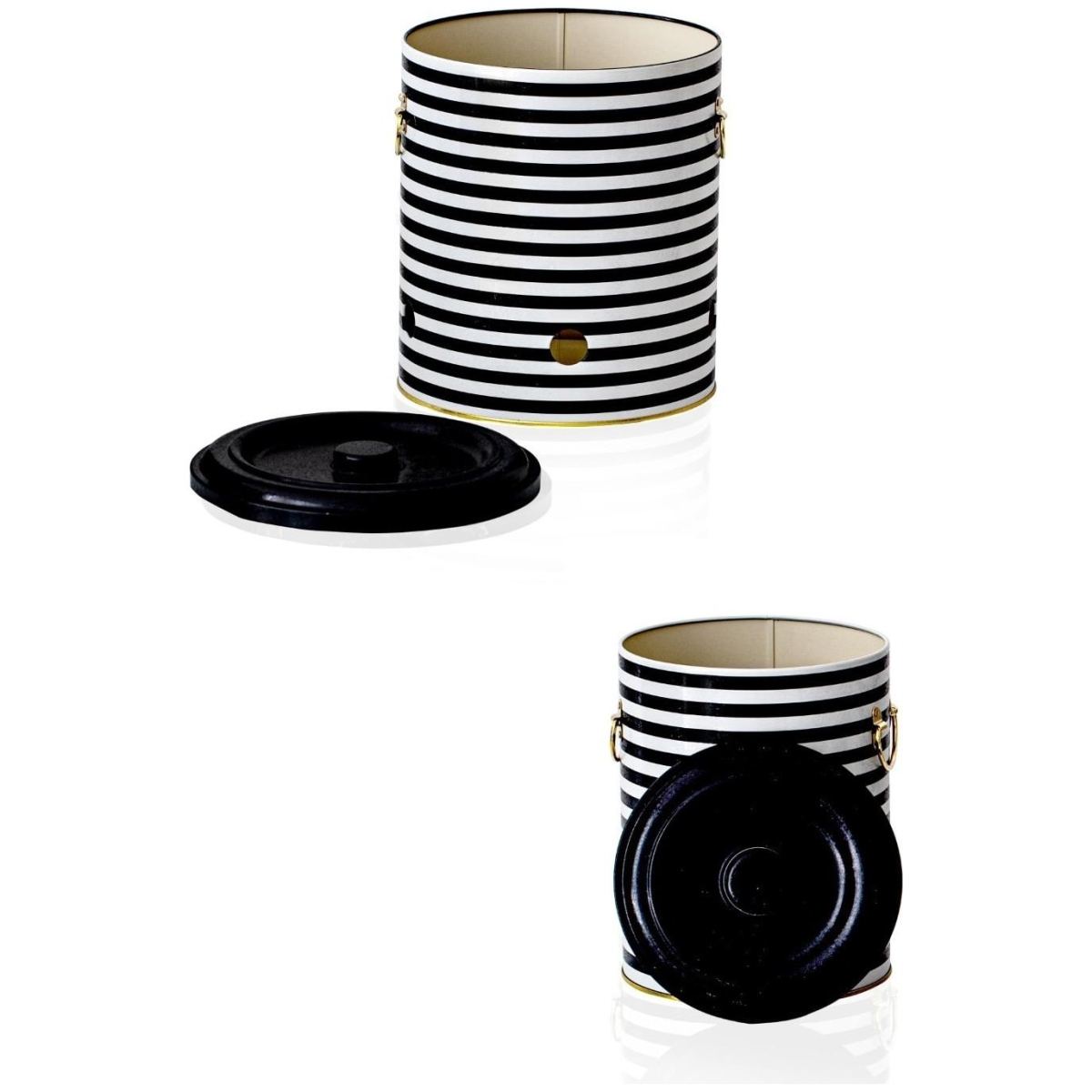 Metal Potato &amp; Onion Storage Bin Set Ø225x240 mm (2 Pcs ) Black and White Line Pattern Line Design