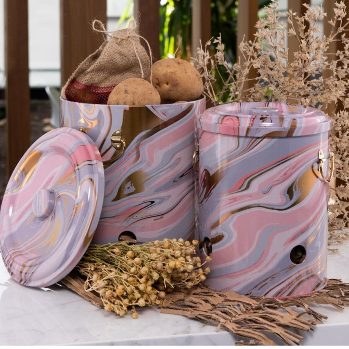 Metal Potato & Onion Storage Bin Set Ø225x240 mm (2 Pcs ) Pink and Gold Marble Texture Liquid Pink Design
