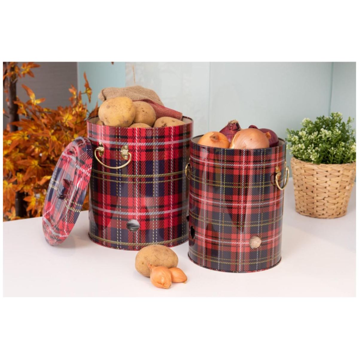 Metal Potato & Onion Storage Bin Set Ø225x240 mm (2 Pcs ) Plaid Plaid Design